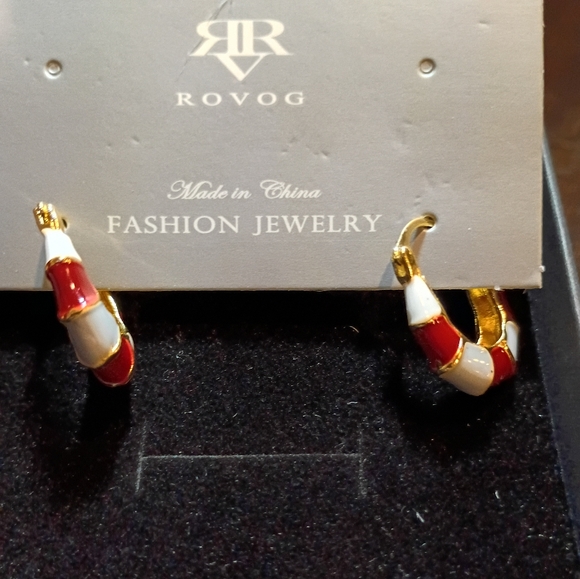 New Gold Tone, Red, and Gray Hoop Earrings - Picture 3 of 6